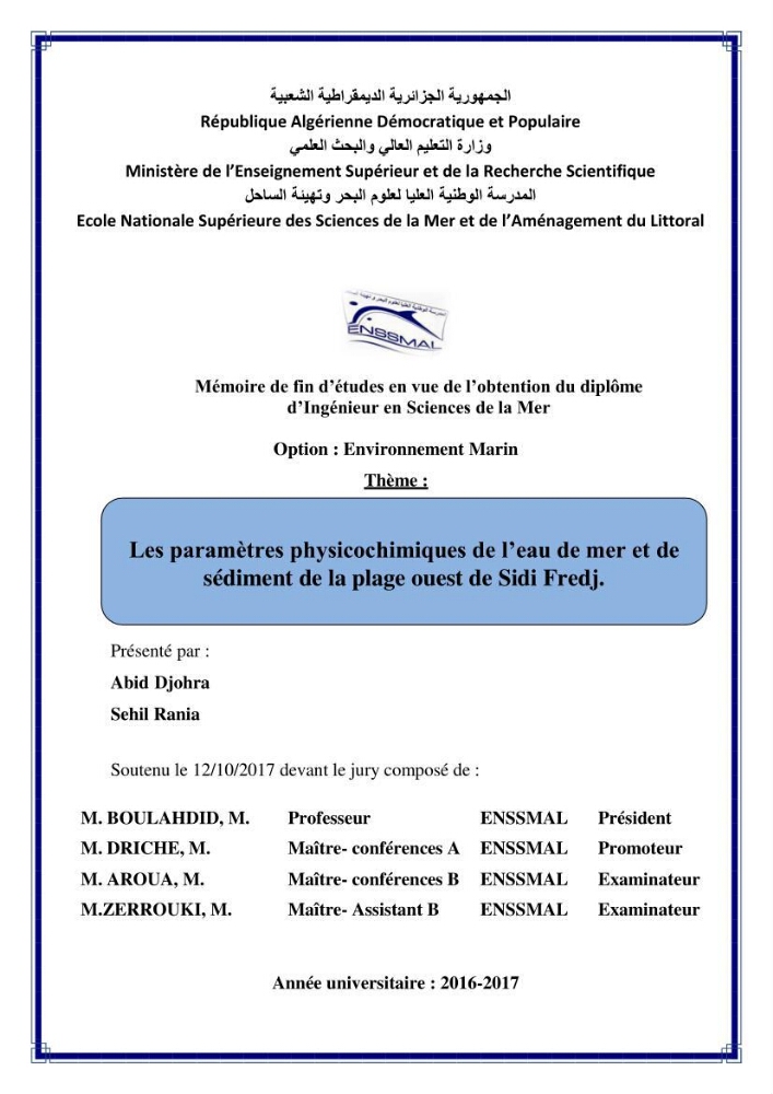 Les paramètres physico-chimiques de l\'eau de mer et de sédiment de la plage ouest de Sidi-Fredj: