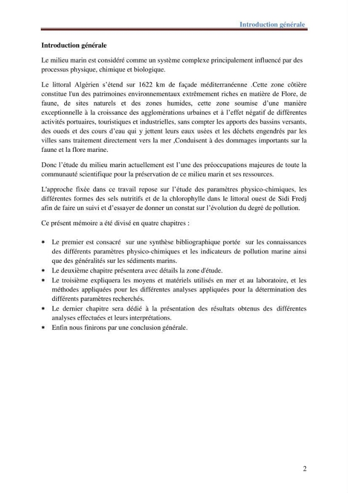 Les paramètres physico-chimiques de l\'eau de mer et de sédiment de la plage ouest de Sidi-Fredj: