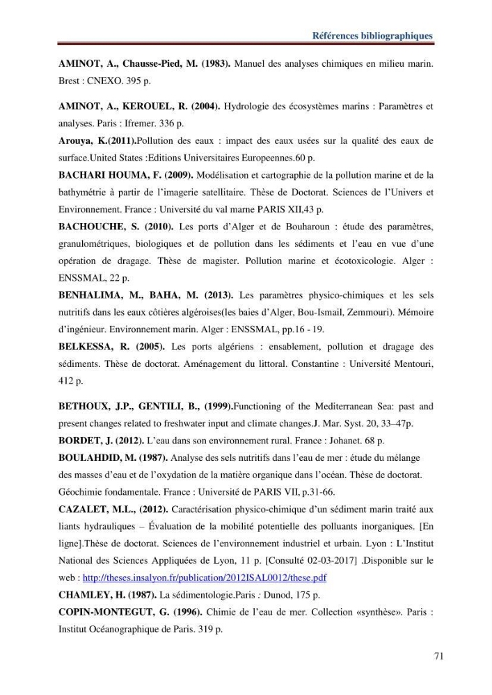Les paramètres physico-chimiques de l\'eau de mer et de sédiment de la plage ouest de Sidi-Fredj: