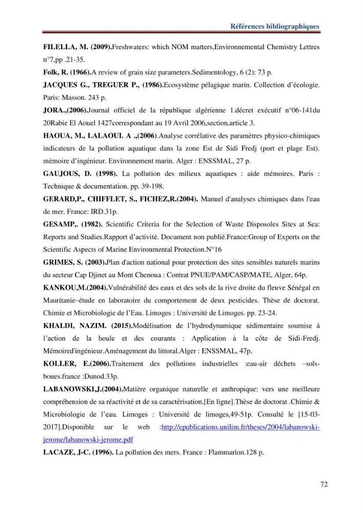 Les paramètres physico-chimiques de l\'eau de mer et de sédiment de la plage ouest de Sidi-Fredj: