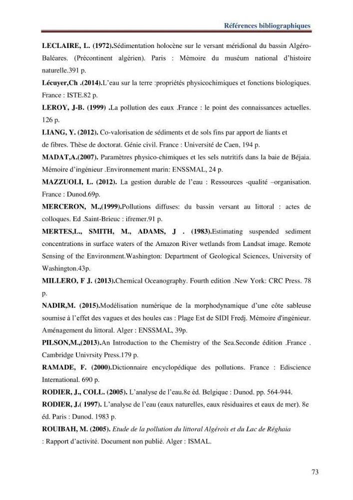 Les paramètres physico-chimiques de l\'eau de mer et de sédiment de la plage ouest de Sidi-Fredj: