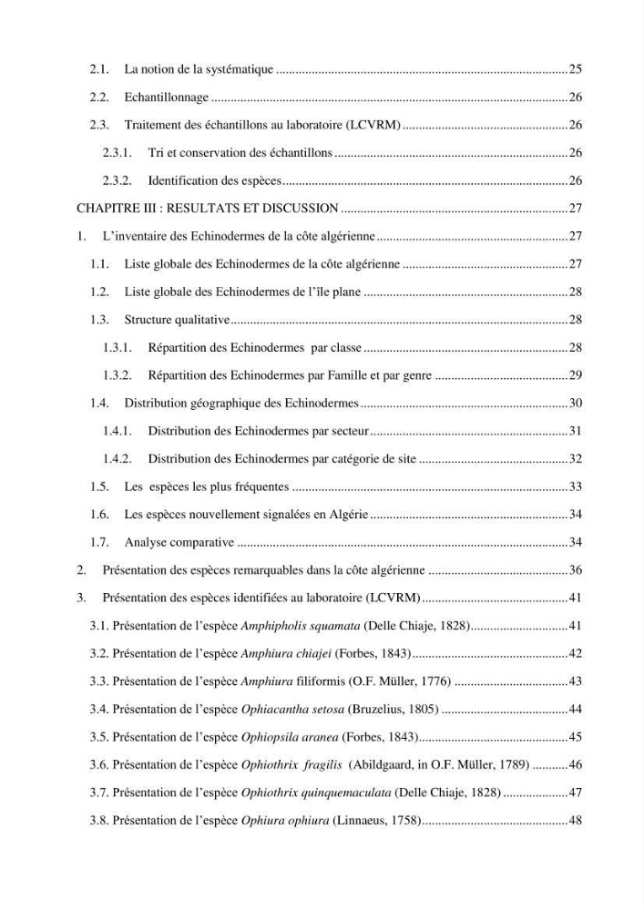 Inventaire et systematique des echinodermes de la côte Algérienne