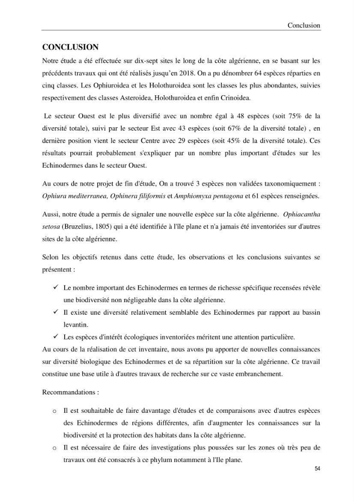 Inventaire et systematique des echinodermes de la côte Algérienne