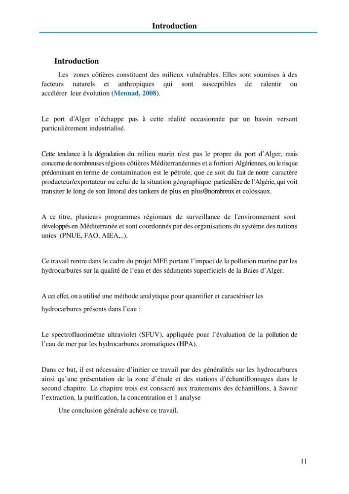 Evaluation de la pollution marine par les hydrocarbures dans le port d\'Alger