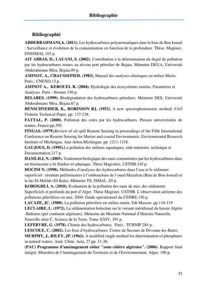 Evaluation de la pollution marine par les hydrocarbures dans le port d\'Alger