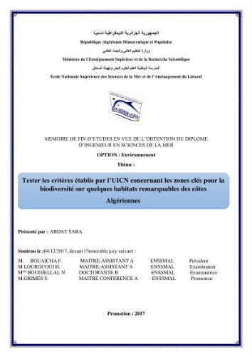 Tester les critères établis par l’UICN concernant les zones clés pour la biodiversité sur quelques habitats remarquables des côtes Algériennes: Tester les critères établis par l’UICN concernant les zones clés pour la biodiversité sur quelques habitats remarquables des côtes Algériennes: