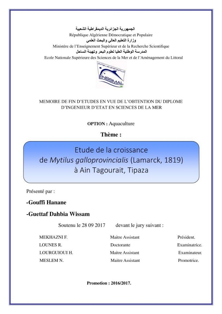 Etude de la croissance de Mytilus galloprovincialis (Lamarrck,1819) à Ain tagourait, Tipaza