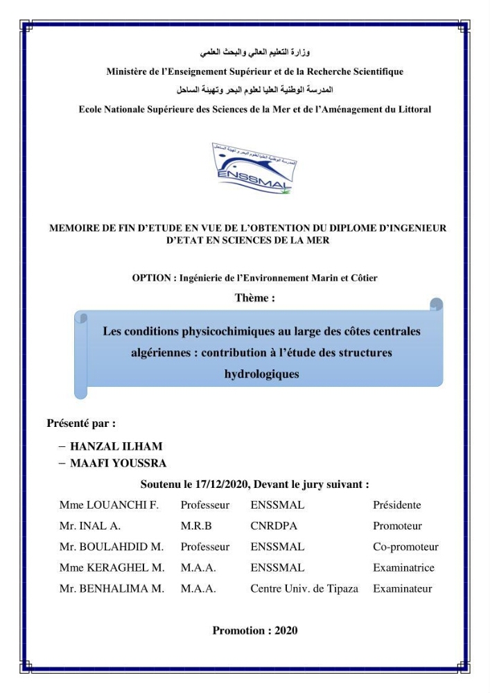 Les conditions physicochimiques au large des côtes centrales algériennes: contribution à l’étude des structures hydrologiques