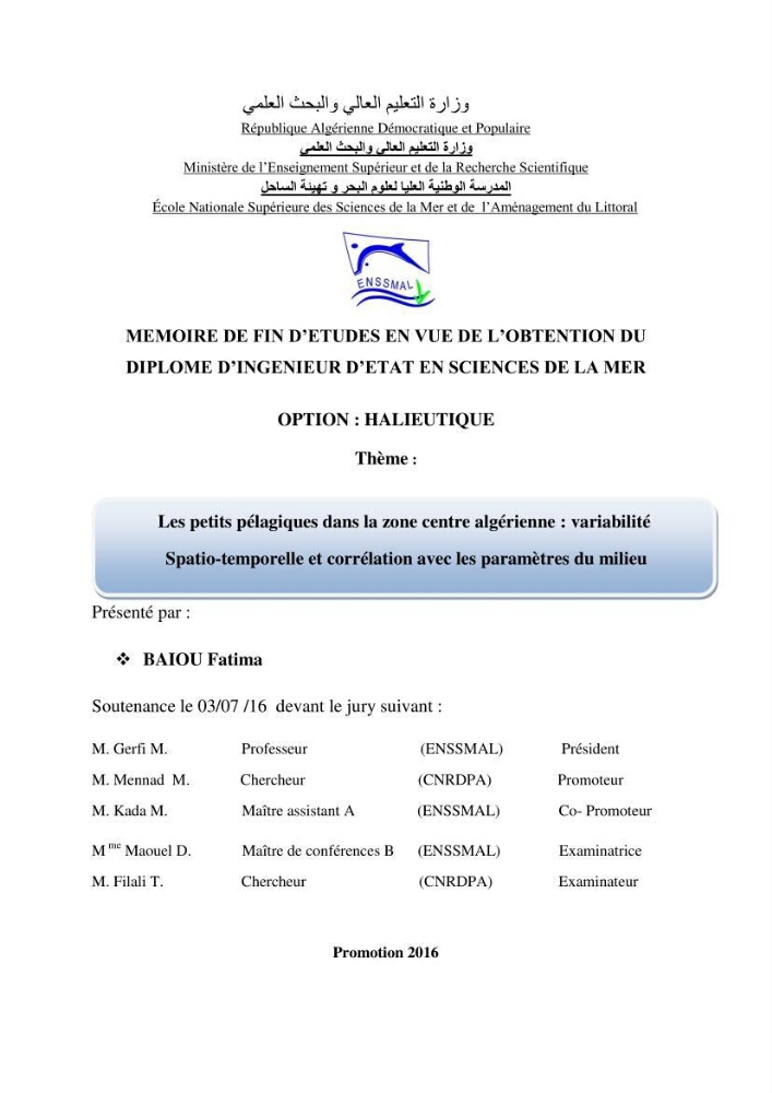 Les petits pélagiques dans la zone centre Algerienne: variabilité Spatio-temporelle et corrélation avec les paramètres du milieu