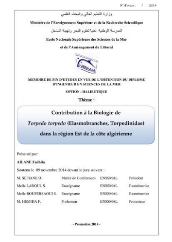 Contribution à la biologie de Torpedo torpedo (Elasmobranches, Torpedinidae) dans la région est de la côte algérienne.: Contribution à la biologie de Torpedo torpedo (Elasmobranches, Torpedinidae) dans la région est de la côte algérienne.: