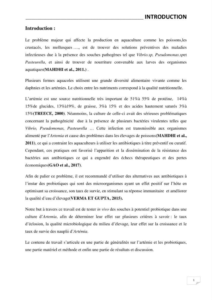 Application de bactéries à fort potentiel probiotique dans un élevage d’Artémia. sp: