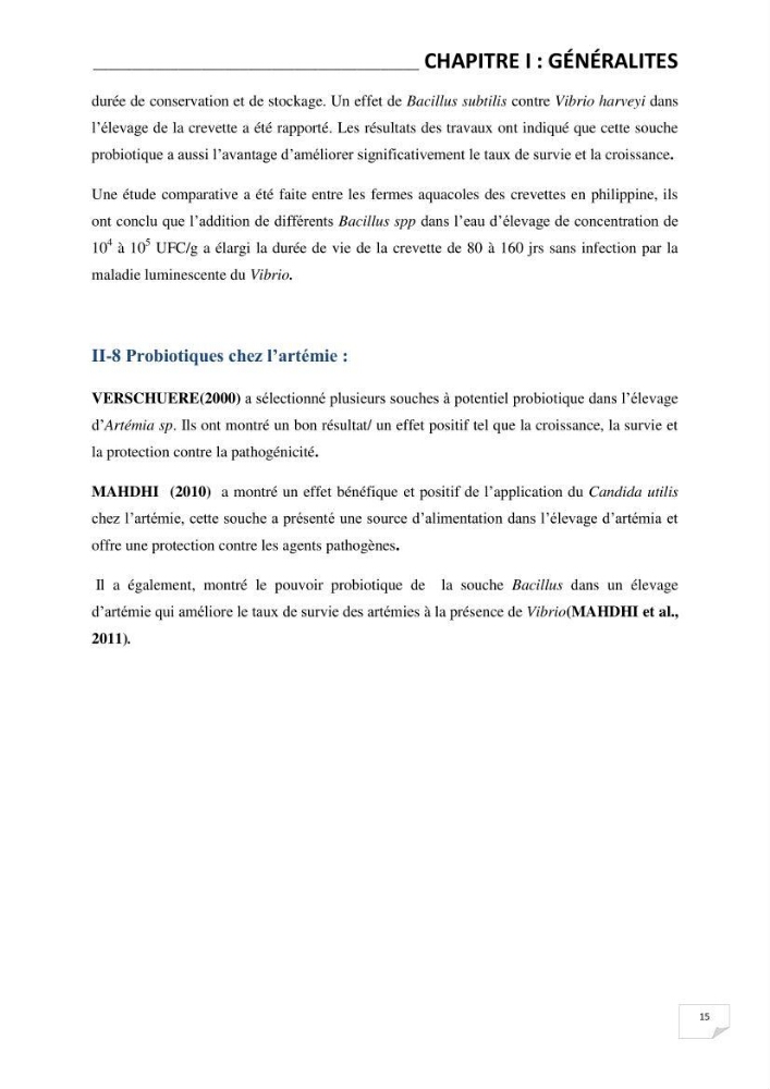 Application de bactéries à fort potentiel probiotique dans un élevage d’Artémia. sp: