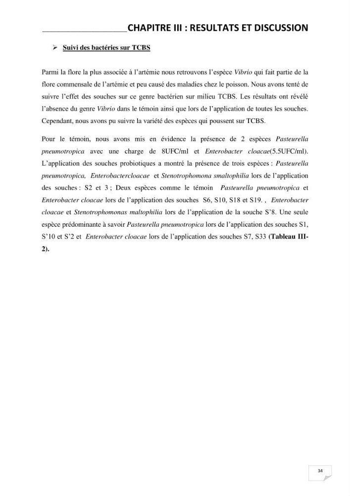 Application de bactéries à fort potentiel probiotique dans un élevage d’Artémia. sp: