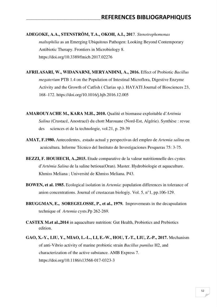 Application de bactéries à fort potentiel probiotique dans un élevage d’Artémia. sp: