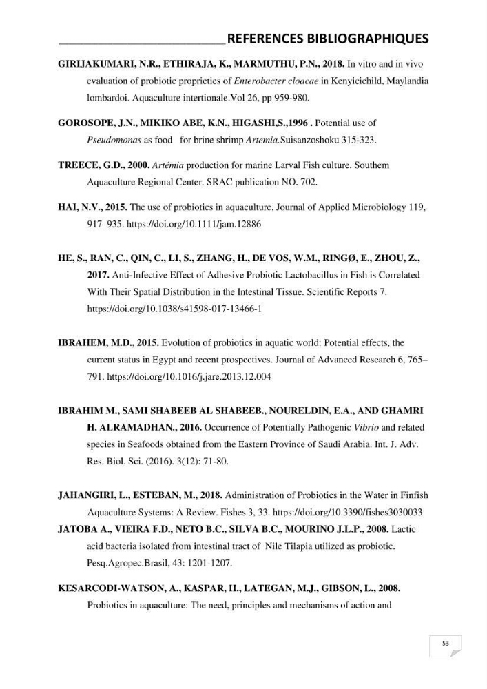 Application de bactéries à fort potentiel probiotique dans un élevage d’Artémia. sp: