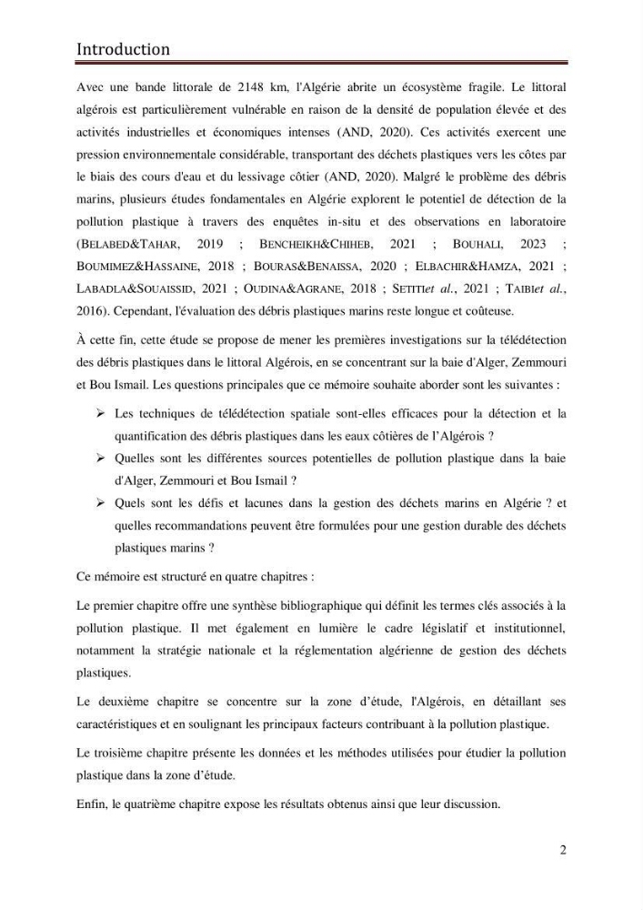 Contribution à la détection et à la gestion de la pollution plastique dans les eaux côtières de l’Algérois via des techniques de Télédétection Spatiale