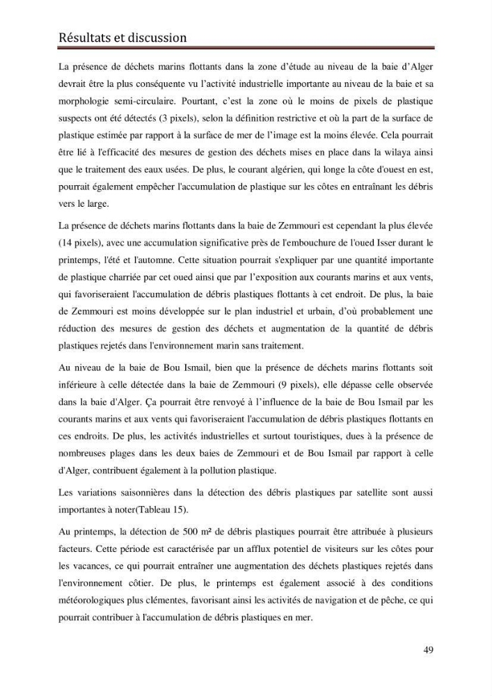 Contribution à la détection et à la gestion de la pollution plastique dans les eaux côtières de l’Algérois via des techniques de Télédétection Spatiale