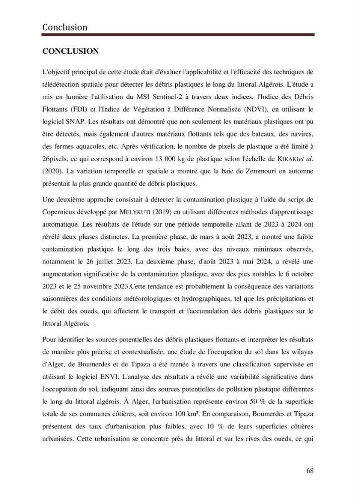 Contribution à la détection et à la gestion de la pollution plastique dans les eaux côtières de l’Algérois via des techniques de Télédétection Spatiale