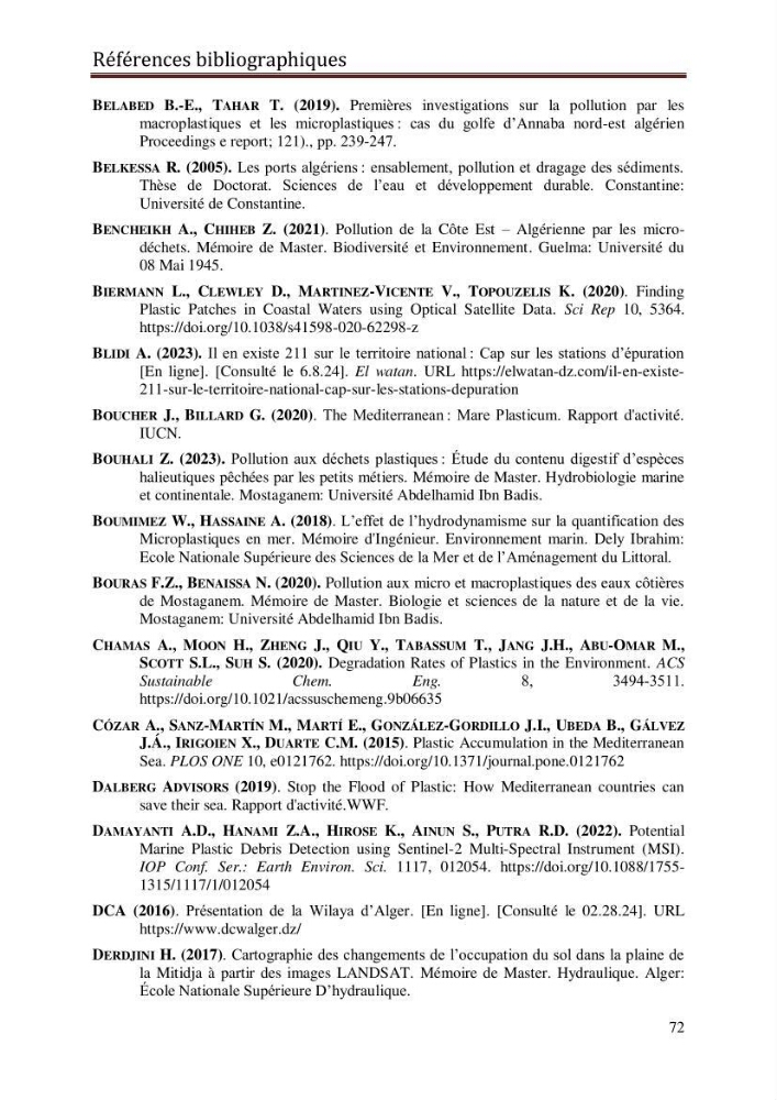 Contribution à la détection et à la gestion de la pollution plastique dans les eaux côtières de l’Algérois via des techniques de Télédétection Spatiale