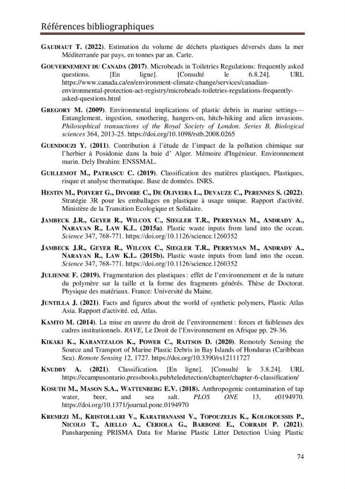 Contribution à la détection et à la gestion de la pollution plastique dans les eaux côtières de l’Algérois via des techniques de Télédétection Spatiale