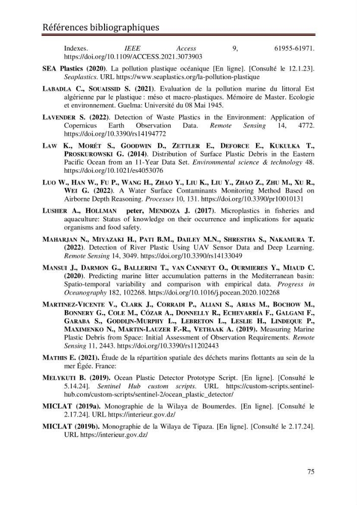 Contribution à la détection et à la gestion de la pollution plastique dans les eaux côtières de l’Algérois via des techniques de Télédétection Spatiale