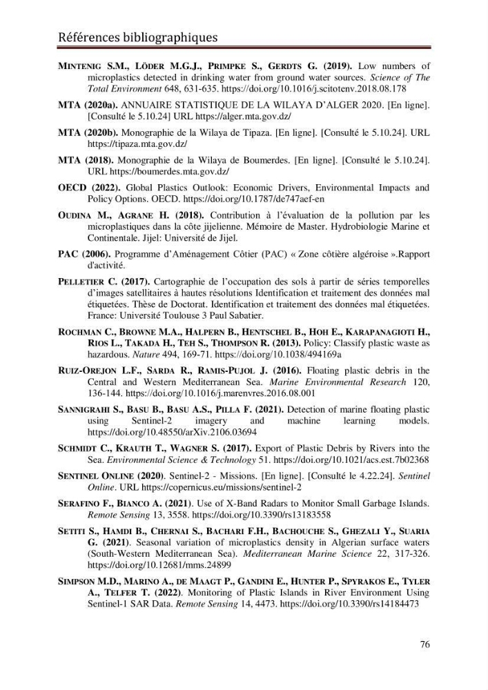 Contribution à la détection et à la gestion de la pollution plastique dans les eaux côtières de l’Algérois via des techniques de Télédétection Spatiale