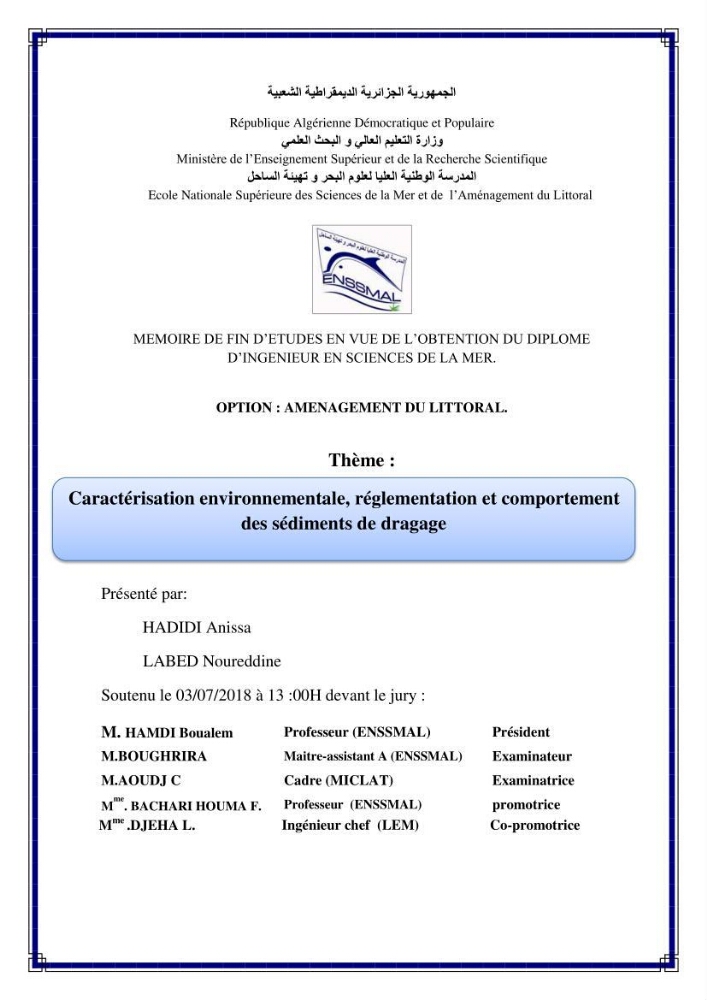 Caractérisation environnementale, réglementation et comportement des sédiments de dragage