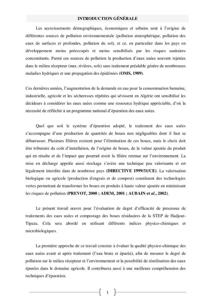 Etude de traitement des eaux usées et Valorisation des boues par Compostage: cas step Hadjout