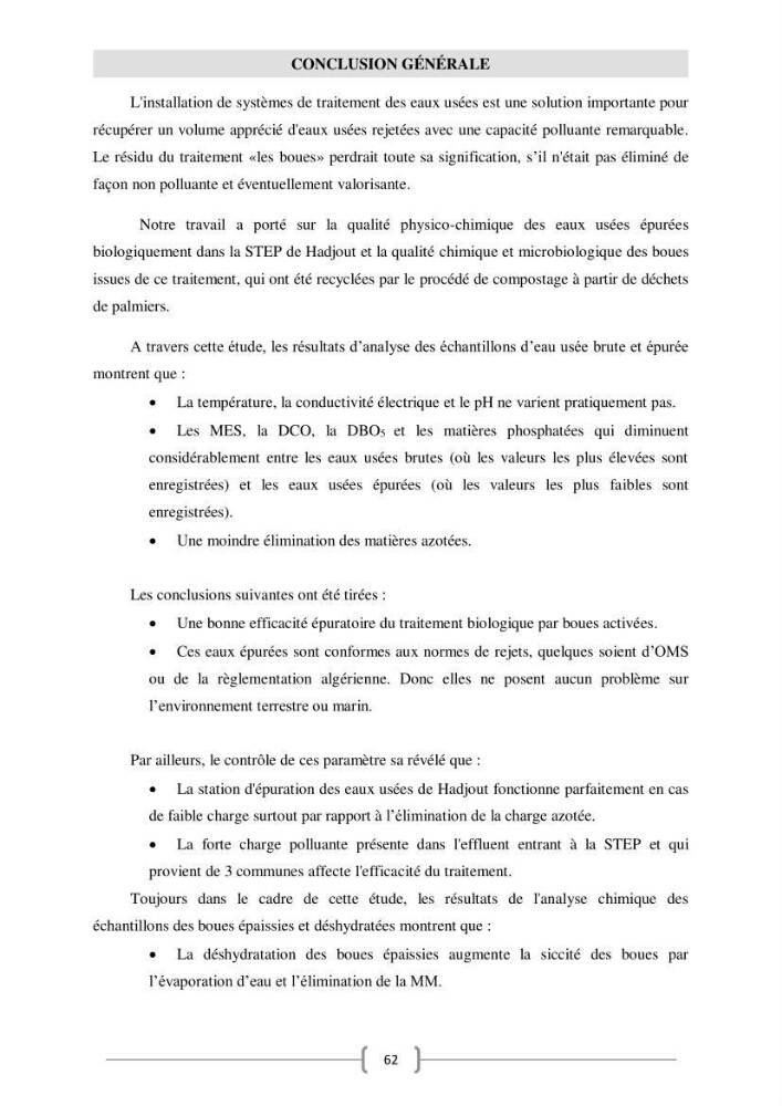Etude de traitement des eaux usées et Valorisation des boues par Compostage: cas step Hadjout