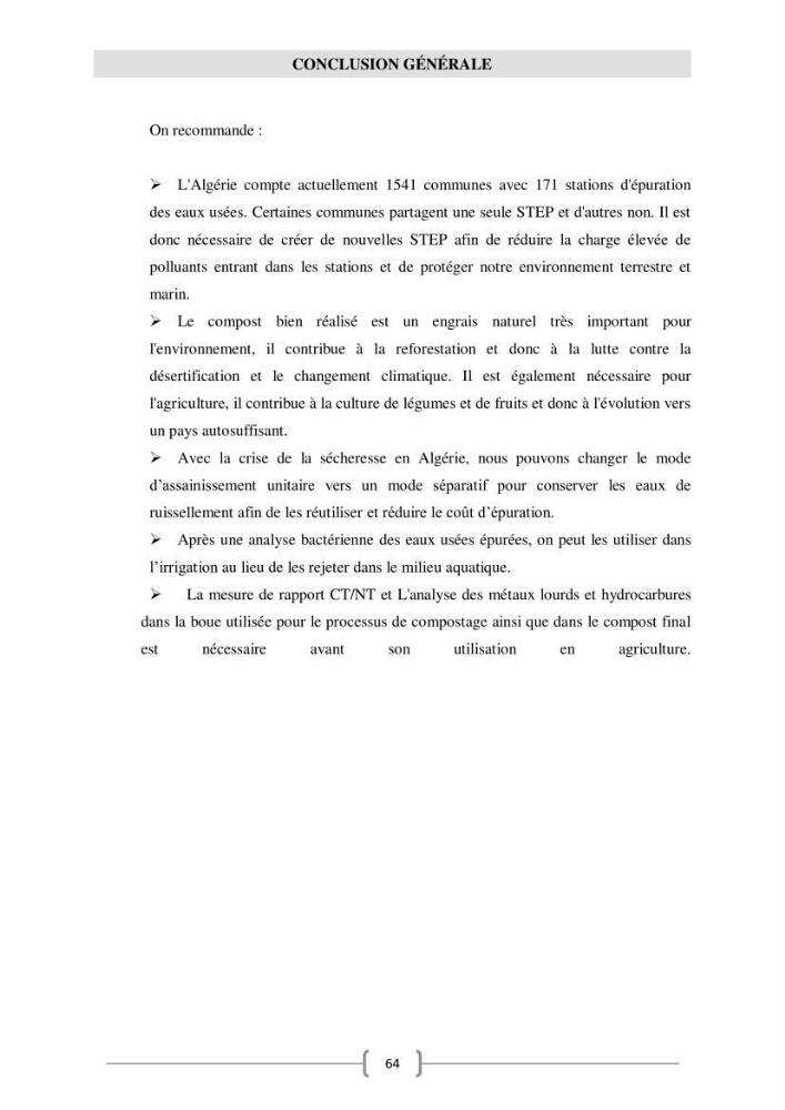 Etude de traitement des eaux usées et Valorisation des boues par Compostage: cas step Hadjout