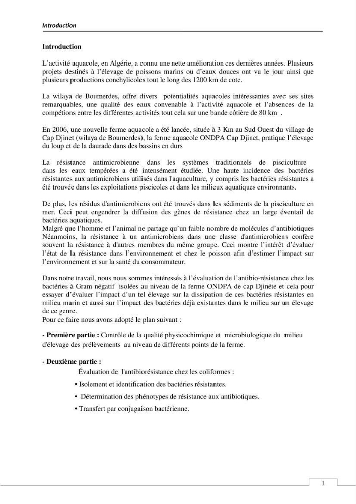 L\'évaluation de la résistance aux antibiotiques chez les bactéries à Gram négatif isolées au niveau de la ferme piscicole marine ONDPA Cap Djinet wilaya de Boumerdes