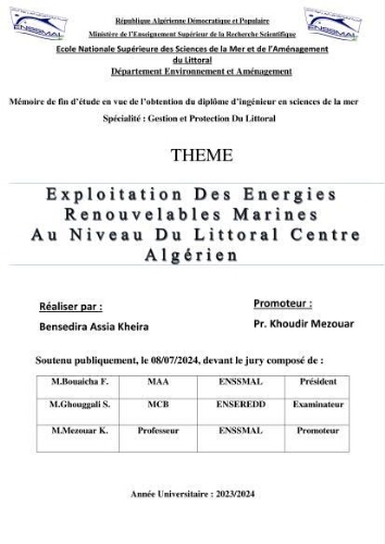 Exploitation des énergies renouvelables marines au niveau du littoral centre algérien Exploitation des énergies renouvelables marines au niveau du littoral centre algérien