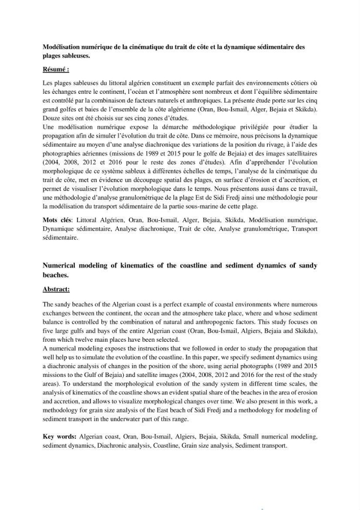 Modelisation numérique de la cinématique du trait de côte et la dynamique sédimentaire des plages sableuses (qOran, Bou-Ismail,Alger, Bejaia et Skikda)