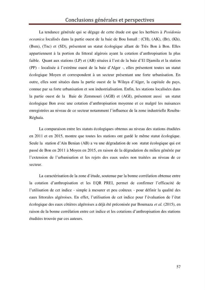 Evaluation de l’état écologique des eaux côtières algéroises par l’utilisation d’un indice algéroises par l’utilisation d’un indice