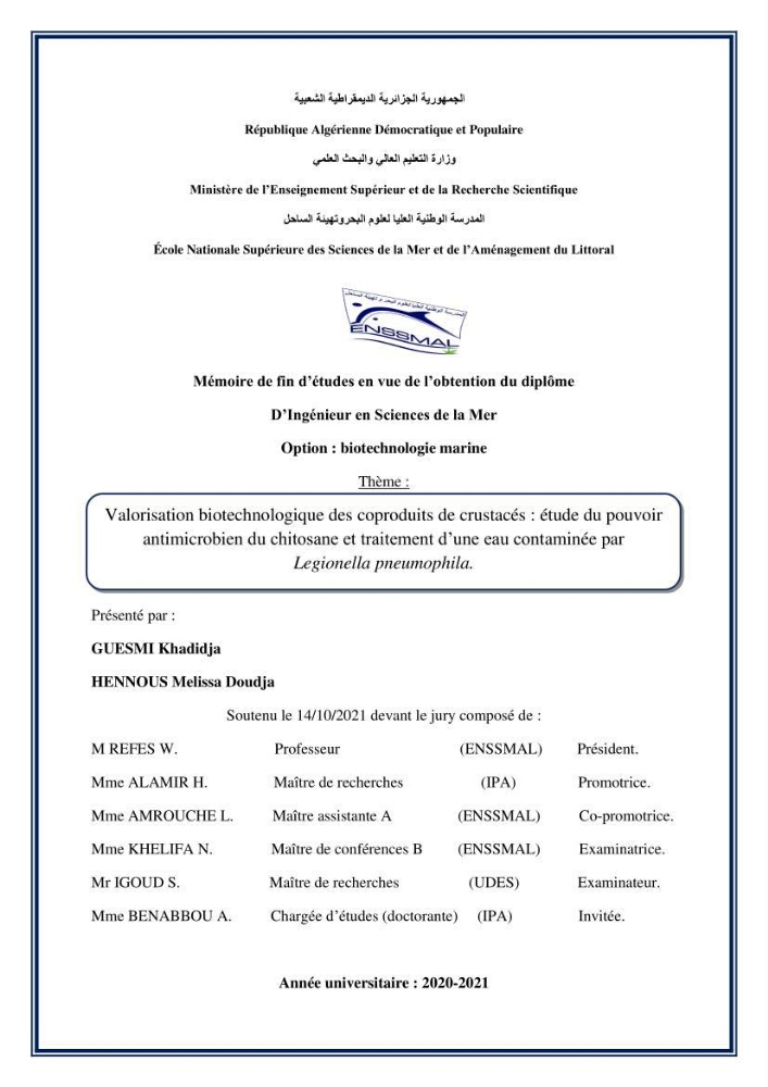 Valorisation Biotechnologique des Coproduits de Crustacés étude du pouvoir antimicrobien du chitosane et traitement d\'une eau contamineé par Legionella Penumophila