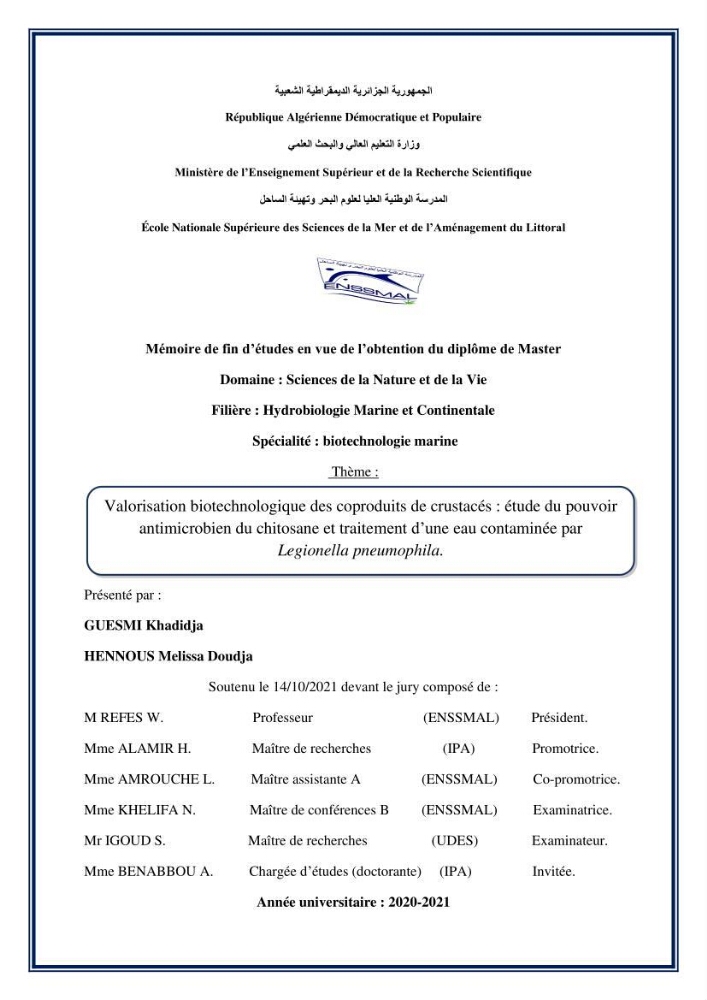 Valorisation Biotechnologique des Coproduits de Crustacés étude du pouvoir antimicrobien du chitosane et traitement d\'une eau contamineé par Legionella Penumophila