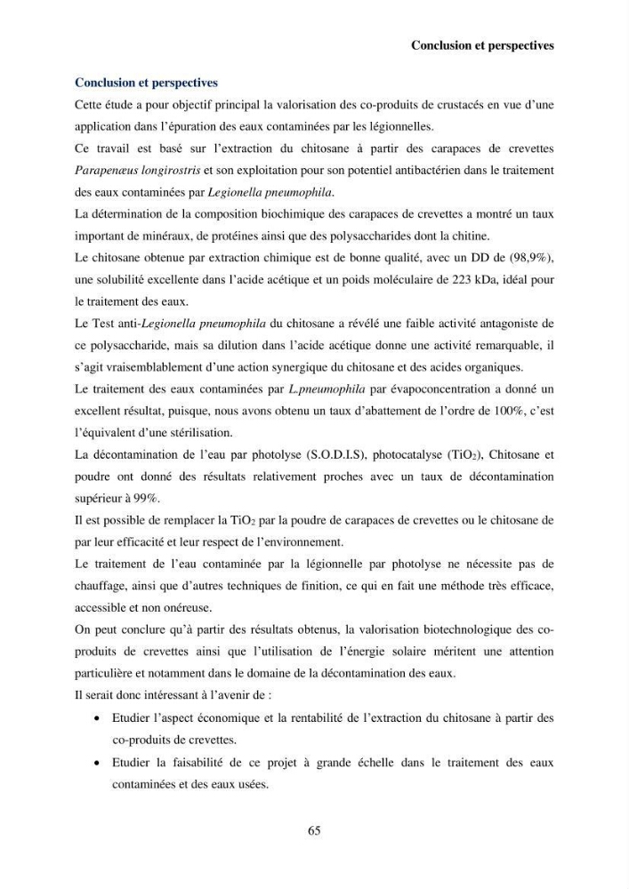 Valorisation Biotechnologique des Coproduits de Crustacés étude du pouvoir antimicrobien du chitosane et traitement d\'une eau contamineé par Legionella Penumophila