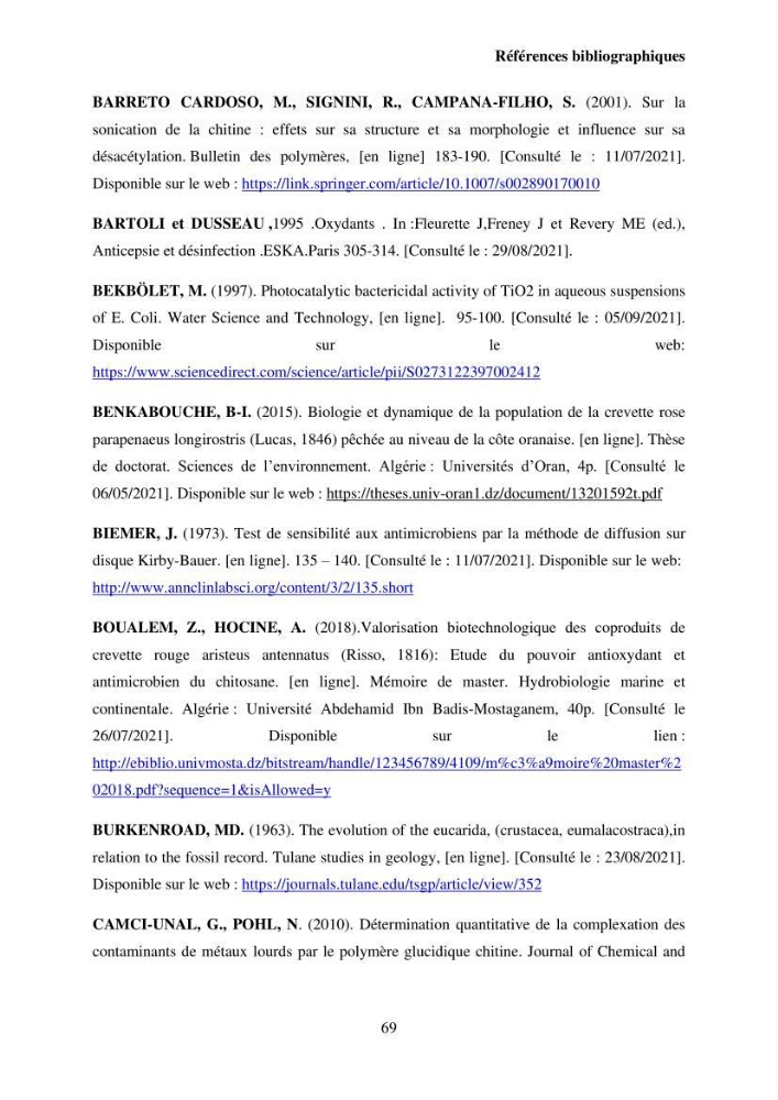 Valorisation Biotechnologique des Coproduits de Crustacés étude du pouvoir antimicrobien du chitosane et traitement d\'une eau contamineé par Legionella Penumophila
