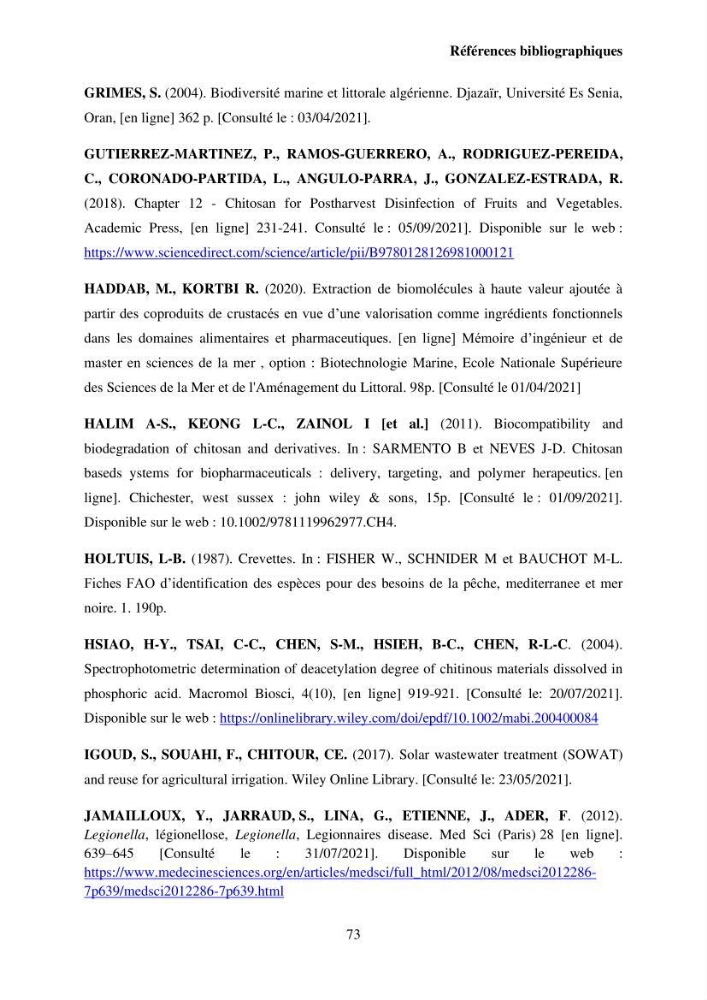 Valorisation Biotechnologique des Coproduits de Crustacés étude du pouvoir antimicrobien du chitosane et traitement d\'une eau contamineé par Legionella Penumophila
