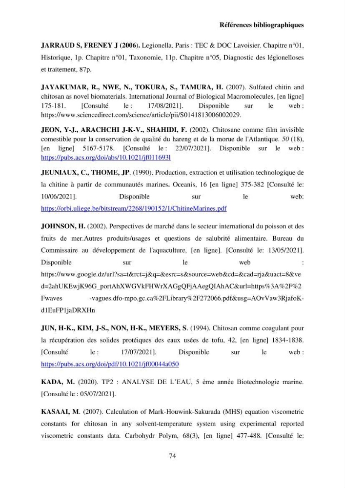 Valorisation Biotechnologique des Coproduits de Crustacés étude du pouvoir antimicrobien du chitosane et traitement d\'une eau contamineé par Legionella Penumophila