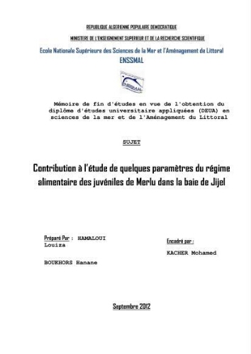 Contribution à l'étude de quelques paramètres de régime alimentaire des junéviles de Merlu dans la baie de Jijel: Contribution à l'étude de quelques paramètres de régime alimentaire des junéviles de Merlu dans la baie de Jijel: