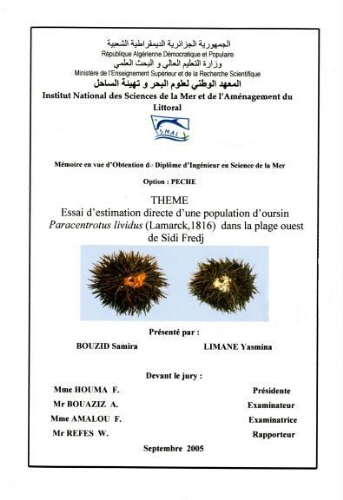 Essai d'estimation directe d'une population d'oursin Paracentrotus lividus (Lamarck, 1816) dans la plage ouest de Sidi Fredj: Essai d'estimation directe d'une population d'oursin Paracentrotus lividus (Lamarck, 1816) dans la plage ouest de Sidi Fredj: