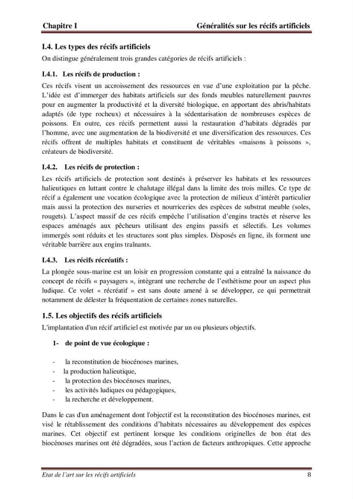 Etat de l\'art sur les recifs artificiels