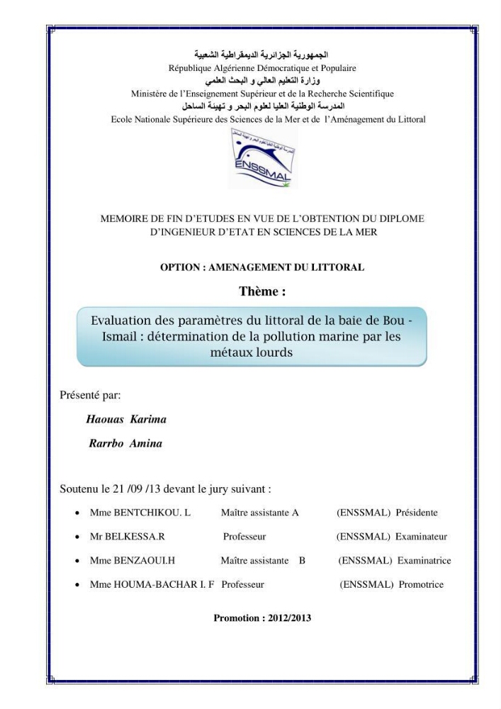 Evaluation des paramètres du littoral de la baie de Bou-Ismail