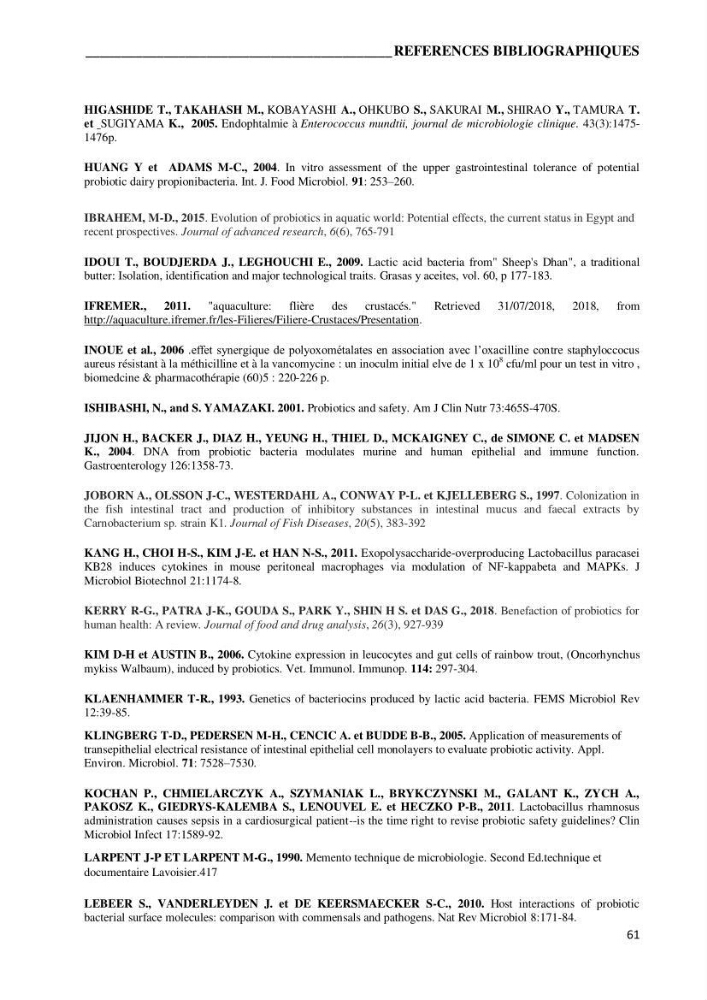 Etude du potentiel probiotique de bactéries isolées à partir d’animaux aquatiques