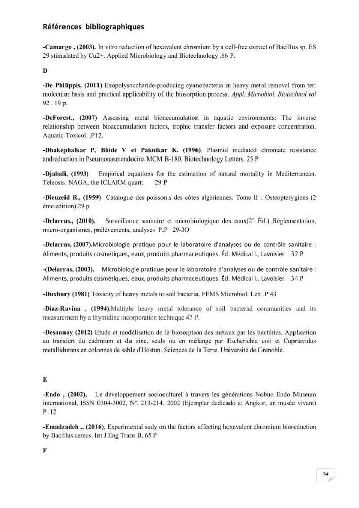 Evaluation et isolement des bactéries résistantes aux métaux lourds à partir de poissons et leur potentiel à éliminer le chrome