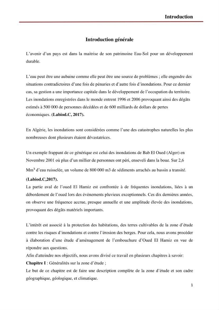 Etude de faisabilité d\'un endiguement au niveau de l\'embouchure de l\'Oued El Hamiz contre les crues et les inondations
