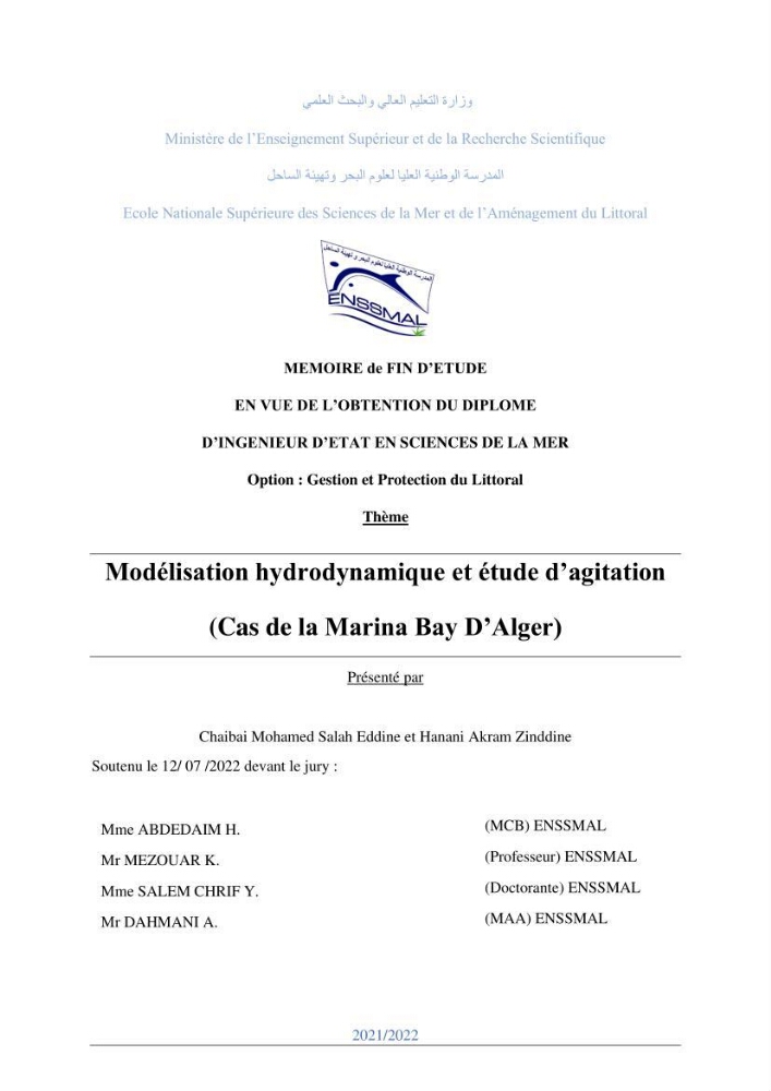 Modélisation hydrodynamique et étude d’agitation: Cas de la Marina Bay D’Alger