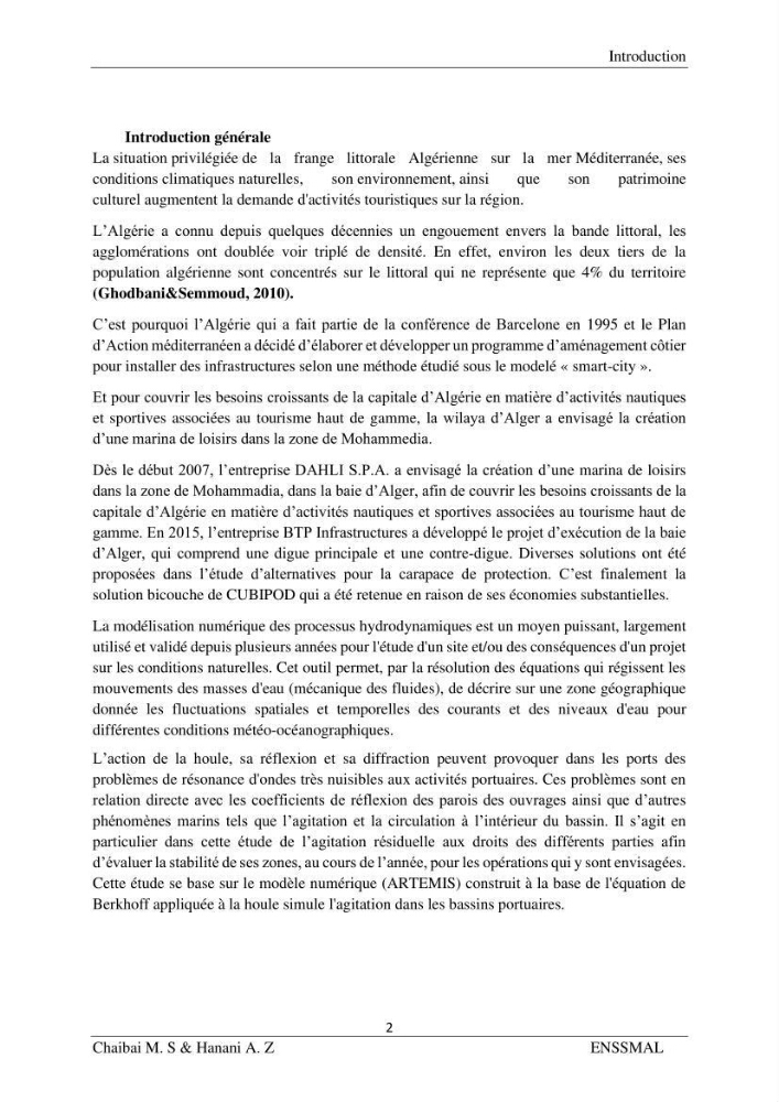 Modélisation hydrodynamique et étude d’agitation: Cas de la Marina Bay D’Alger