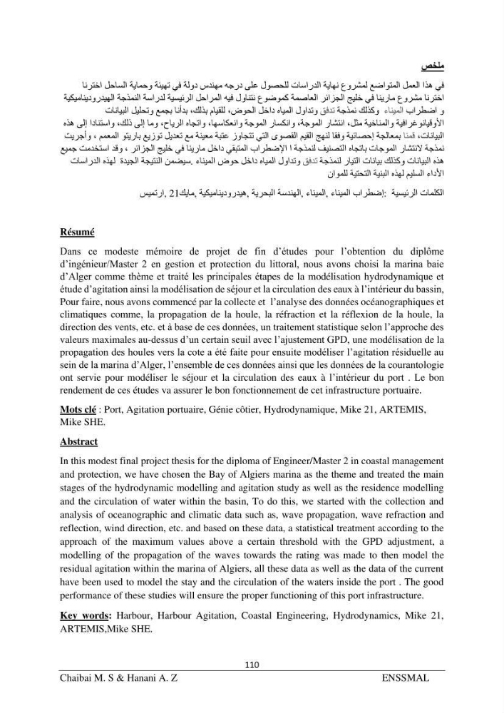 Modélisation hydrodynamique et étude d’agitation: Cas de la Marina Bay D’Alger